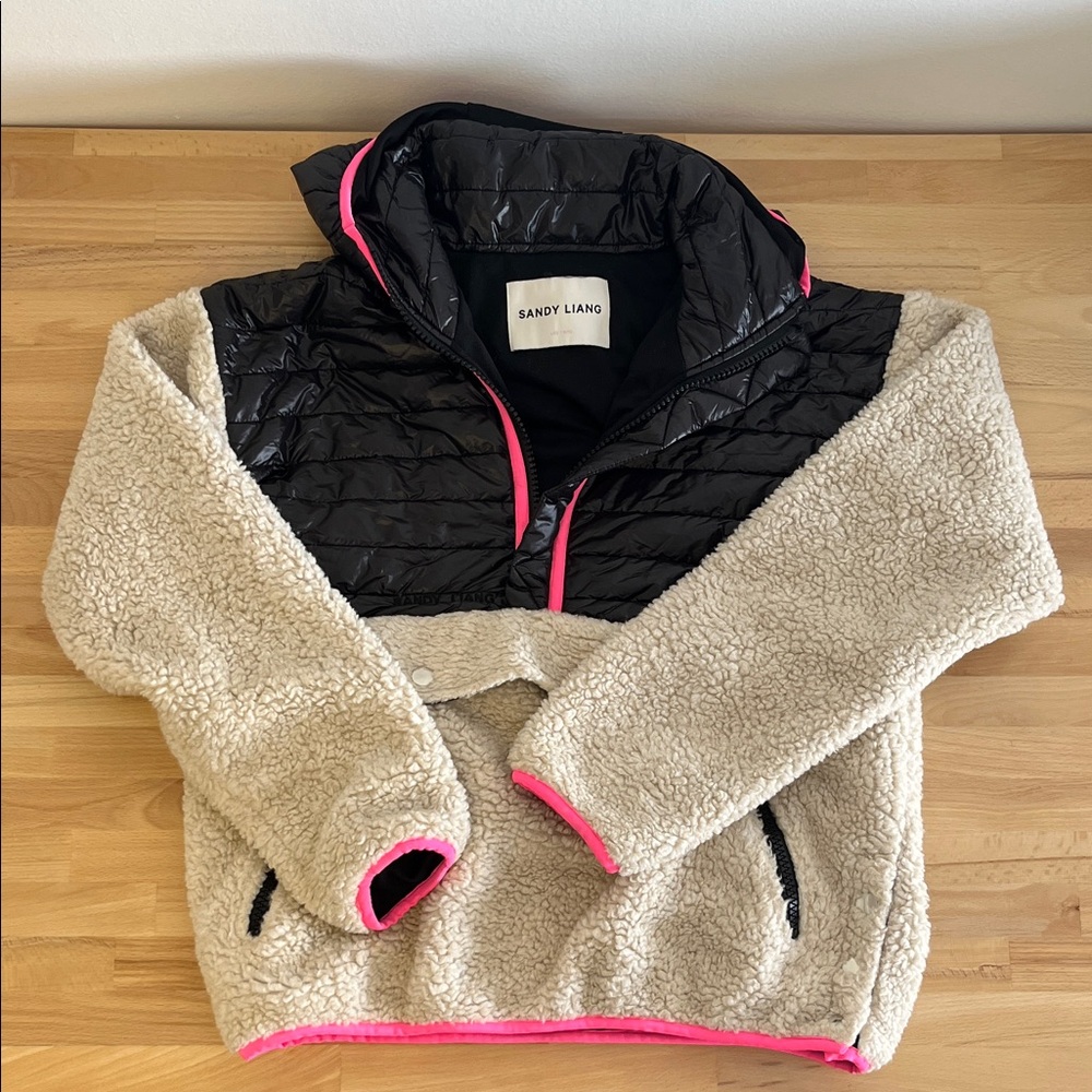 Sandy Liang Cream Sherpa Jacket with Black Quilted Yoke and Pink Trim
